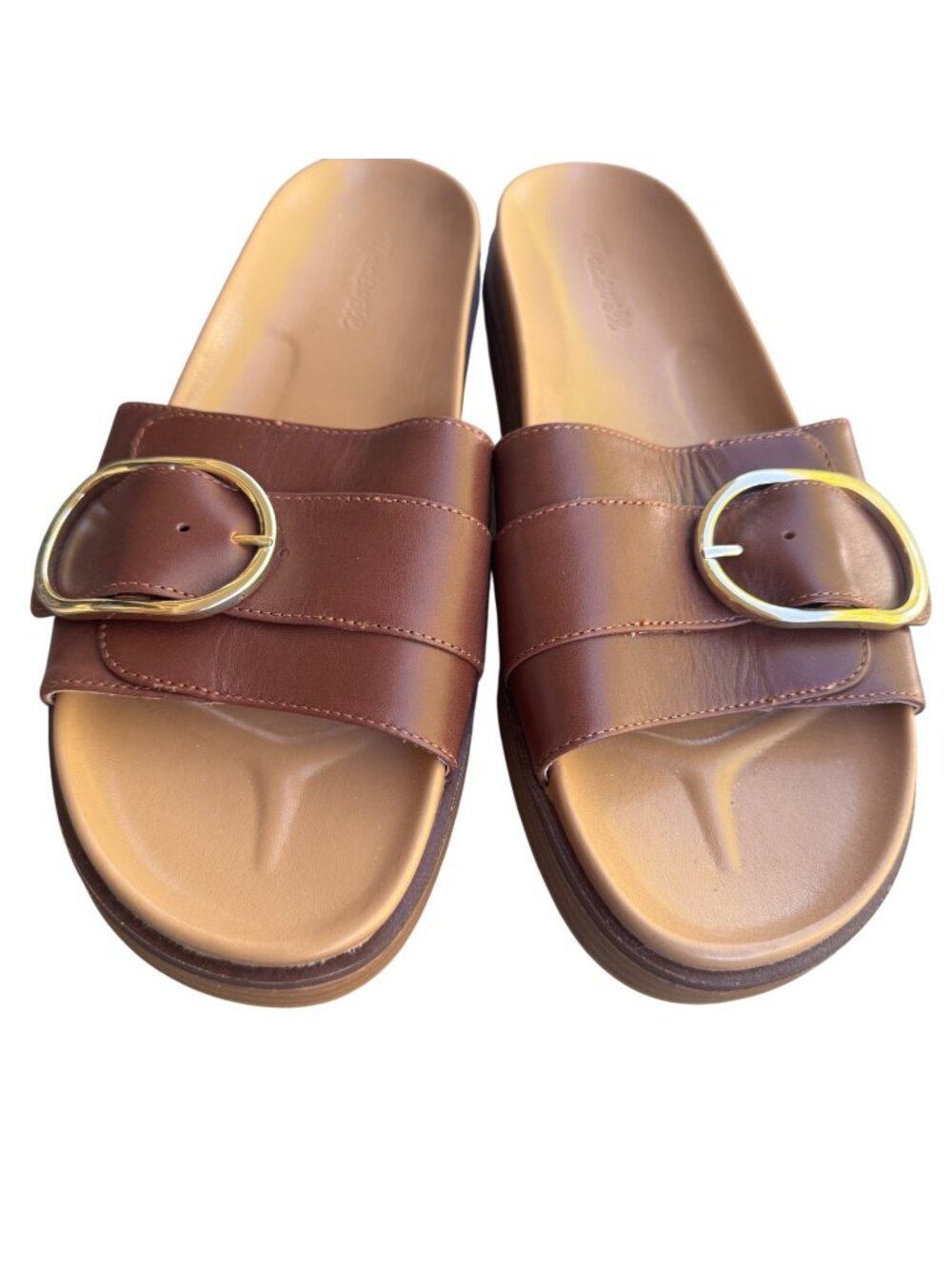 Madewell Women's Brown Leather Gold Buckle Slip-On Flat Slide Sandals Size 10